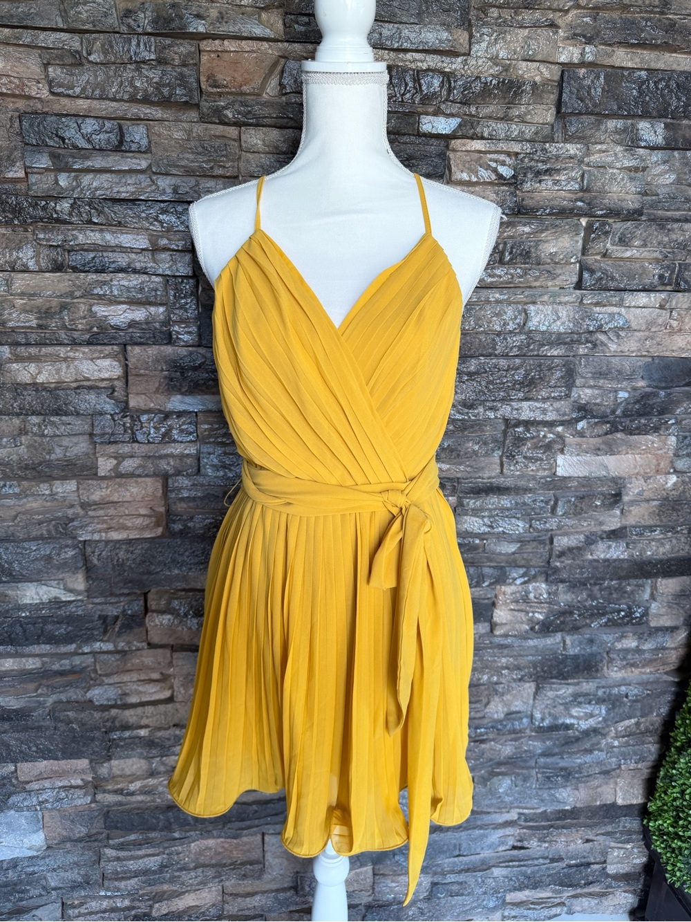 Miss Avenue Mustard Yellow Spaghetti-Strap Wrap Mini Dress - Picture 3 of 10